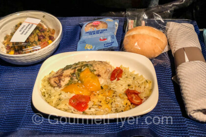 United Airlines Domestic First Class Dinner - chicken with orzo