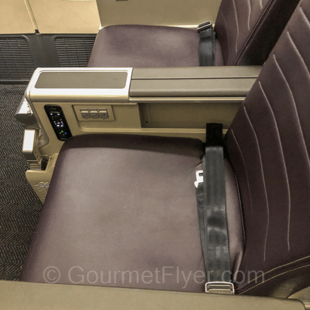 Comprehensive review of United's Premium Plus seats features two window side seats with purple color leather, wide armrests, and seatbelts neatly folded.