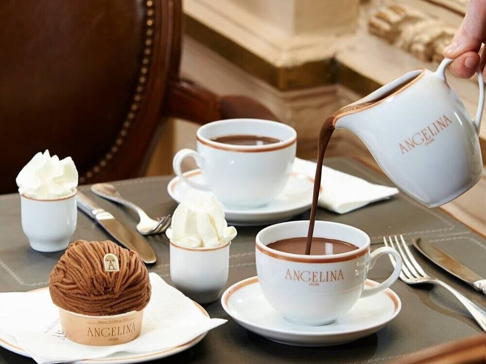 Hot chocolate and Mont Blanc being served at Angelina.