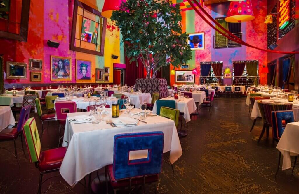 Artfully decorated and colorful interior of the restaurant.