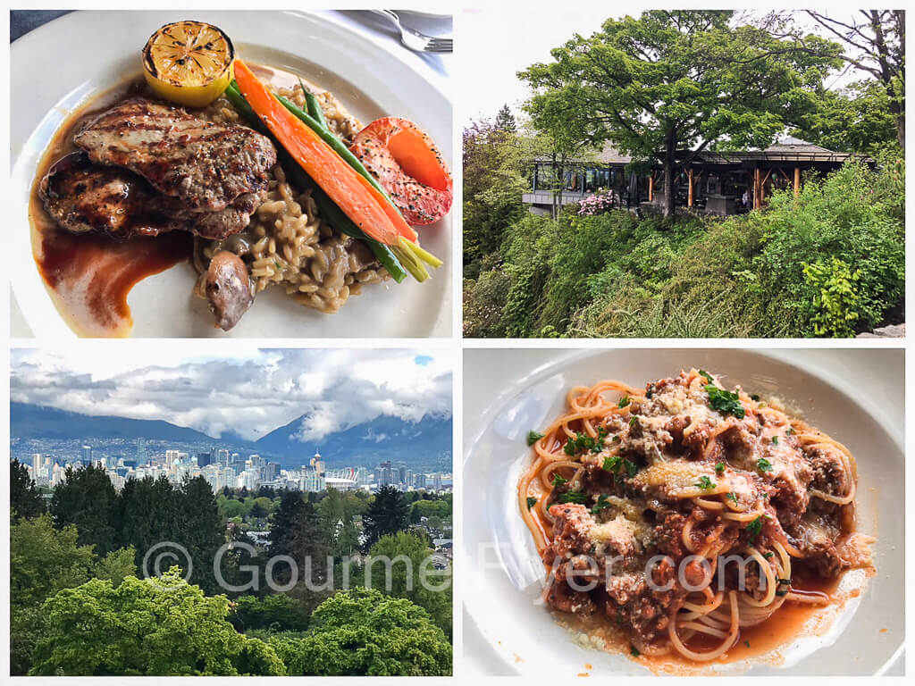Collage of food and views from the Seasons in the Park restaurant.