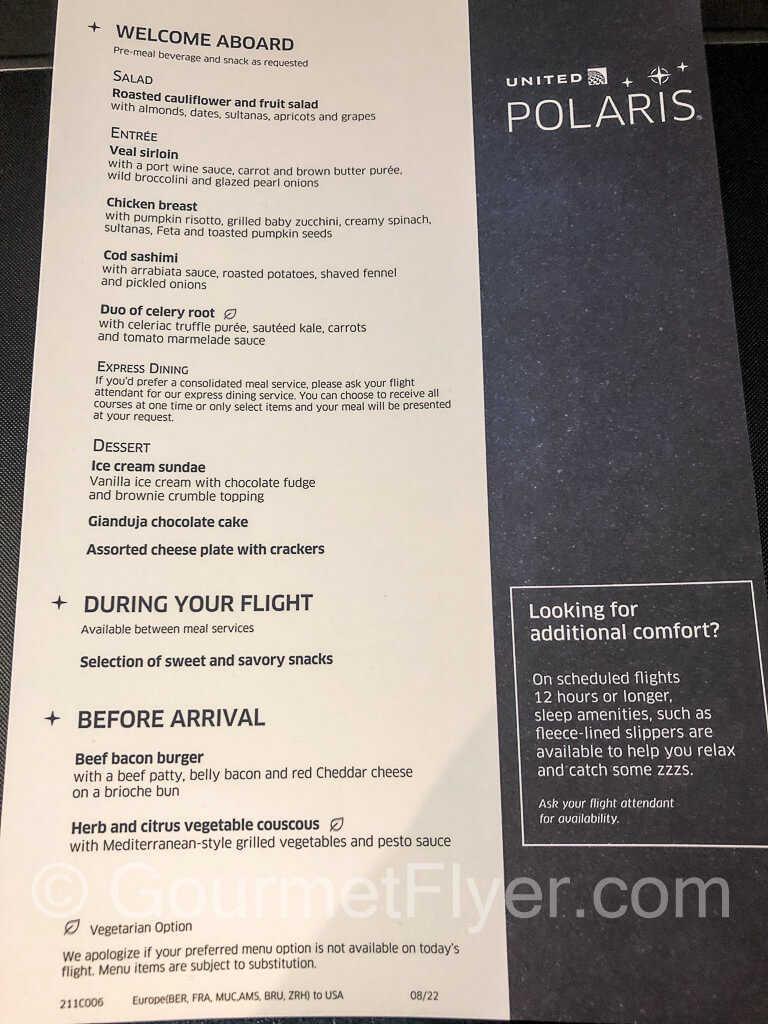 The menu of United's Polaris Business Class.