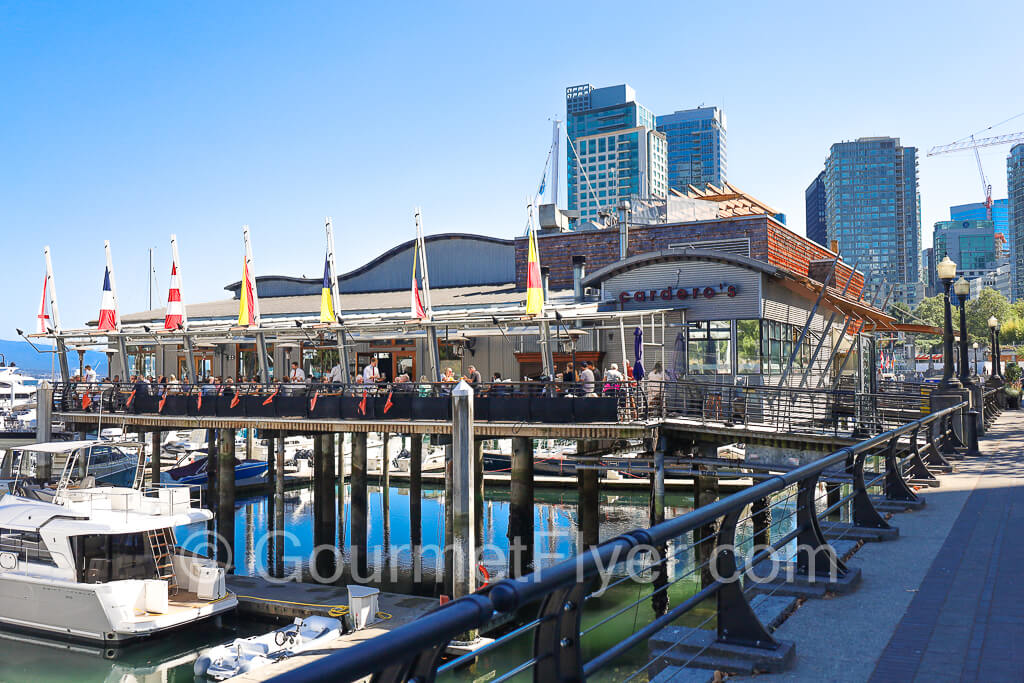 The outdoor seating section of the restaurant at the Coal Harbor Marina.