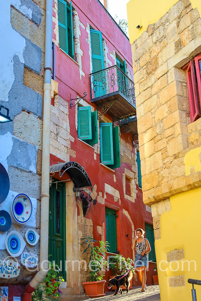 A young woman walking her dog in an alley of traditional buildings in vibrant colors with artsy displys.