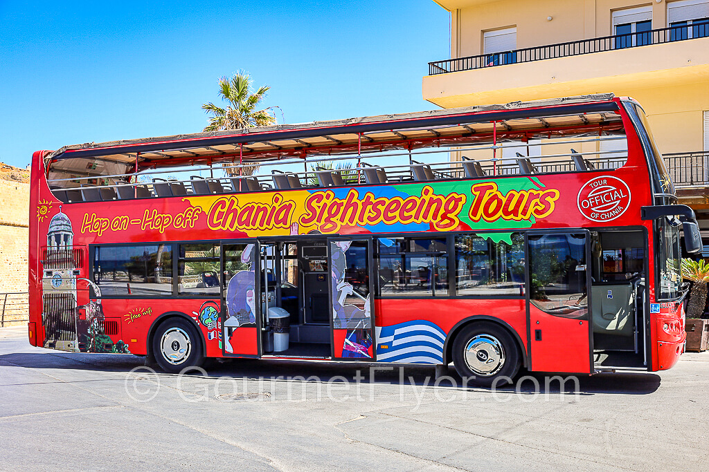 The red double-deck bus of the Chania sightseeing tour.