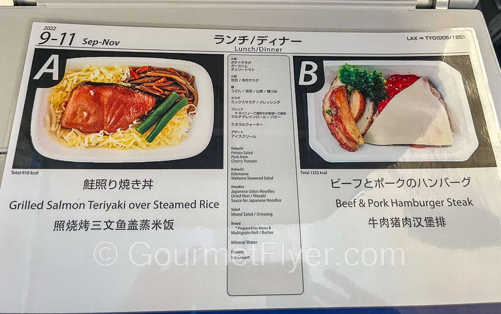 Menu card with pictures of the grilled salmon and hamburger steak with list of side dishes.