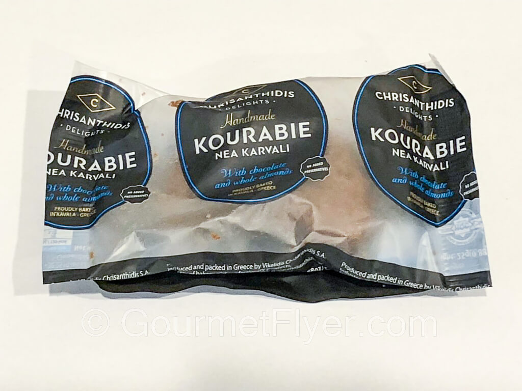 A package of kourabie, a Greek almond and butter cookie.
