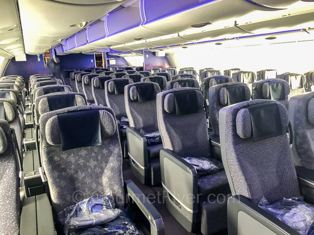 An array of empty seats in the premium economy cabin, with the overhead storage compartments open, empty, and lit with a blue light.
