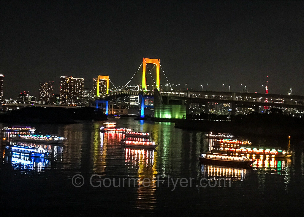 Night view of the Rainbow Bridge surrounded by many boats with colorful lights.