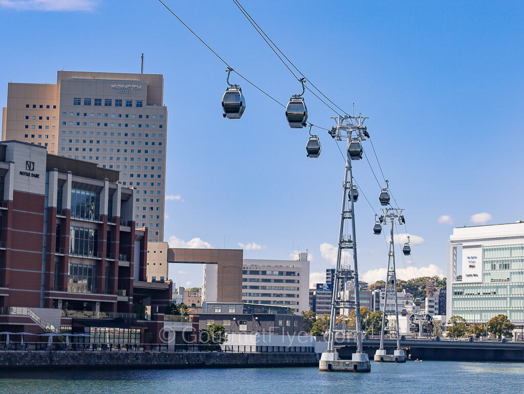 Cable cars under a blue sky are moving along an urban area with a river.