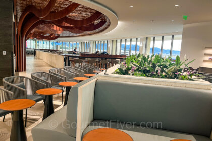 Review of the ANA Lounge at HNL airport features an extensive seating area with a wooden banyan tree sculpture in the background.