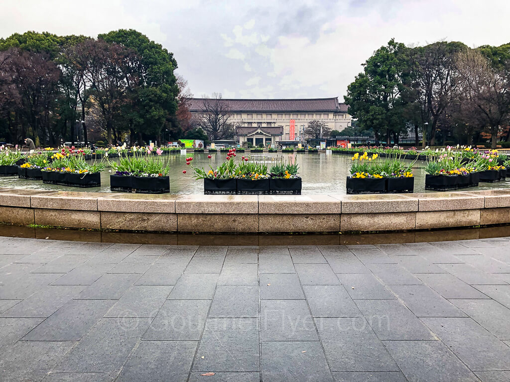 An oval shape pond and fountain with plants and flowers lining its border. The main building of the Tokyo National Museum sits in the background.