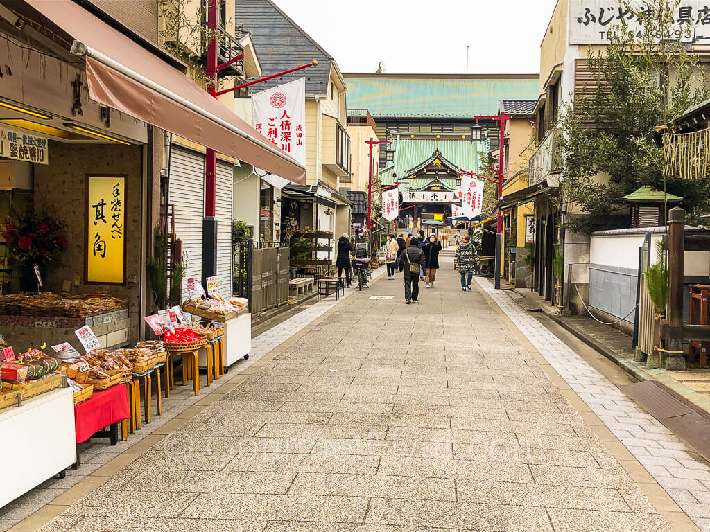 A quaint street with traditional Japanese shops on one side and a temple on the other.