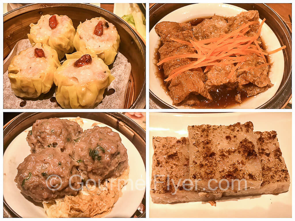A collage of 4 dim sum pictures, from upper left clockwise, siu mai, bean curd, radish cake, and beef balls.