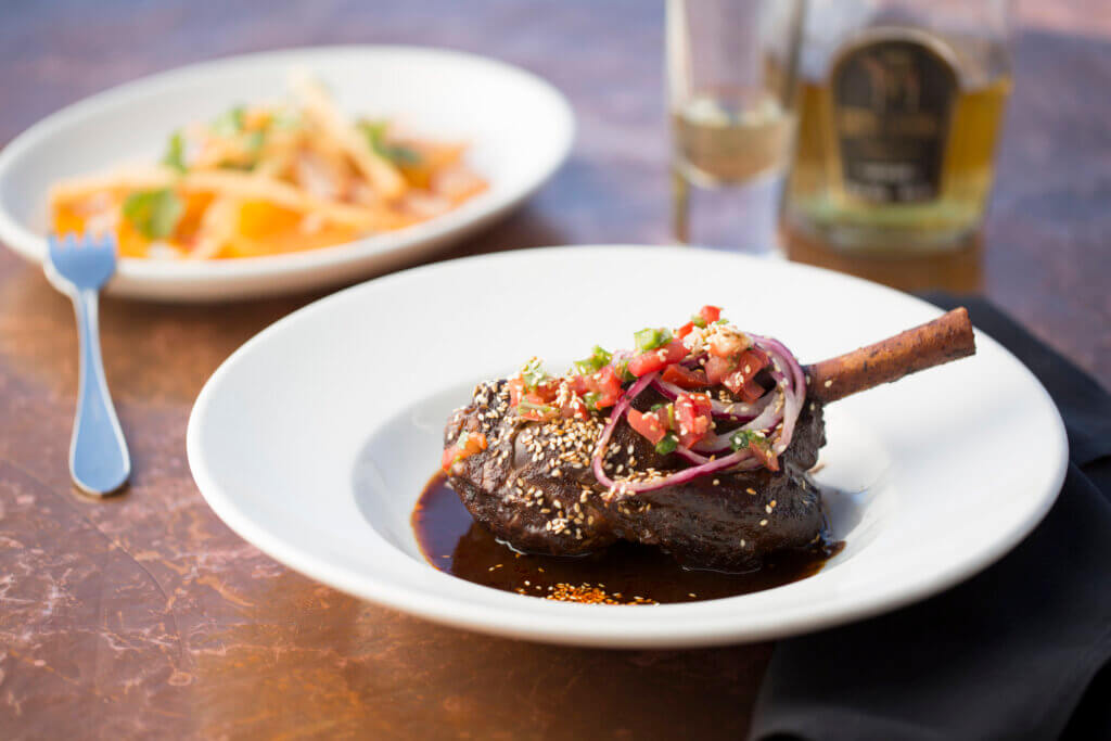 A bone in lamb shanks sits on a dish with brown gravy and garnished with onions, peppers, and sesame.