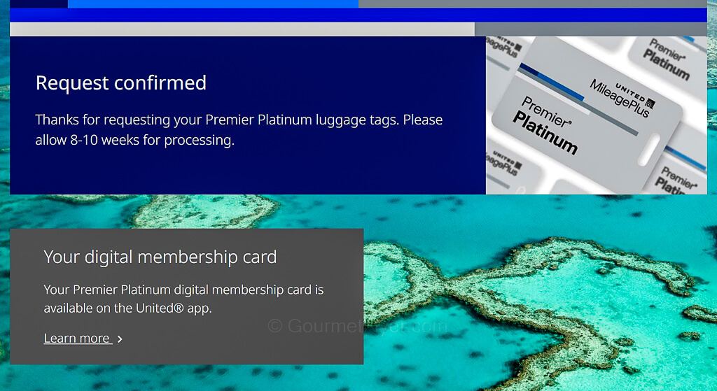 A screenshot of a United Platinum member's confirmation that the luggage tags have been requested.