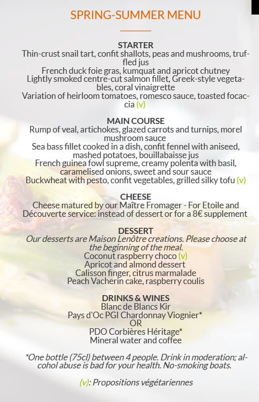 A printed menu showing the options for appetizers, main course, and dessert.