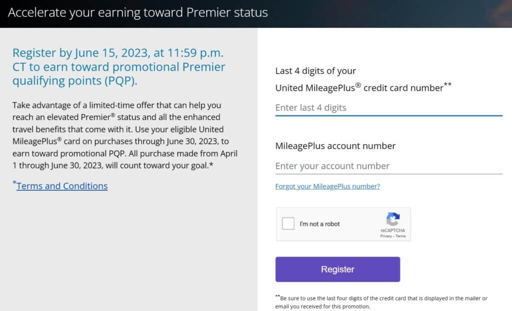 Screenshot of United's PQP promotion page where members enter their credit card and MP account information.