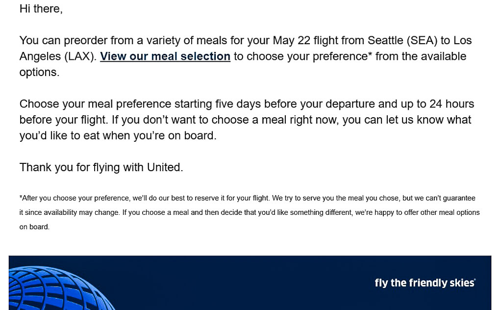 Screenshot of an email inviting passengers to pre-order meals.