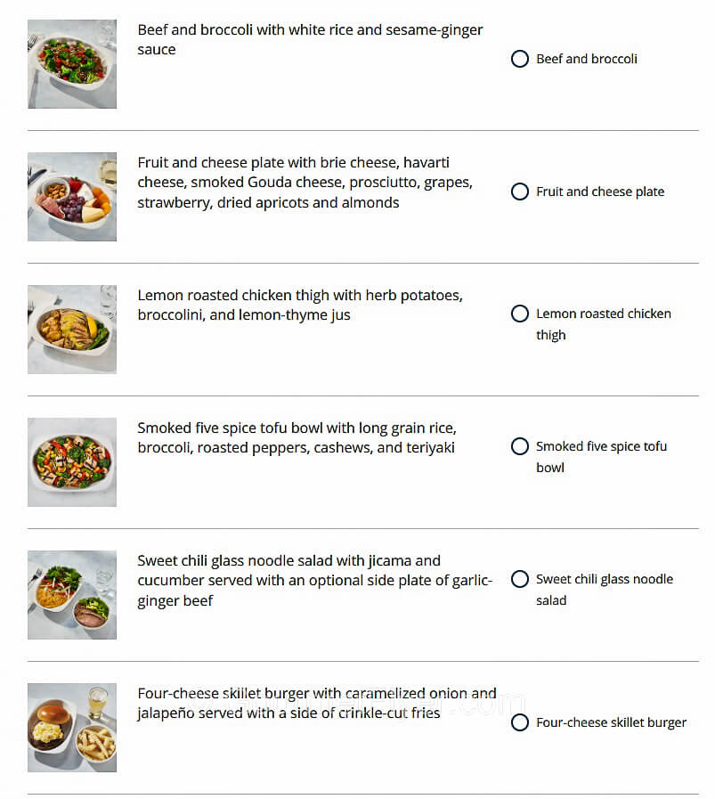 An online version of United Airlines' domestic first-class lunch and dinner menu with 6 options for selection. Each menu item has pictures followed by a description.