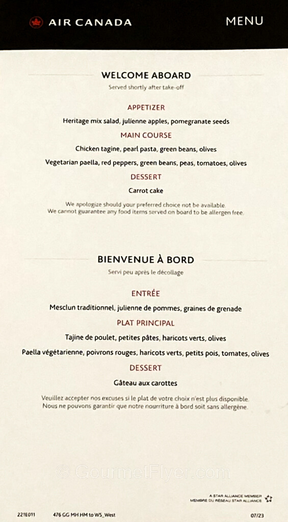 A menu showing appetizer, main course and dessert choices is written in both English and French.