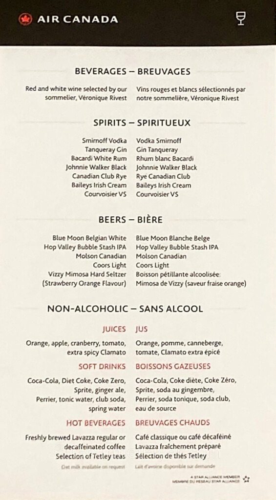 The beverage menu shows a long list of drinks, both soft and hard.