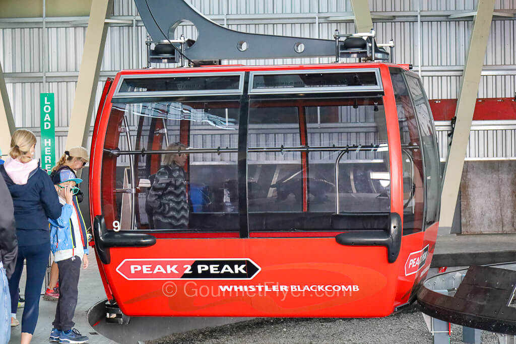 The guide to a day trip to Whistler features an iconic red Peak 2 Peak gondola with a family ready to board.