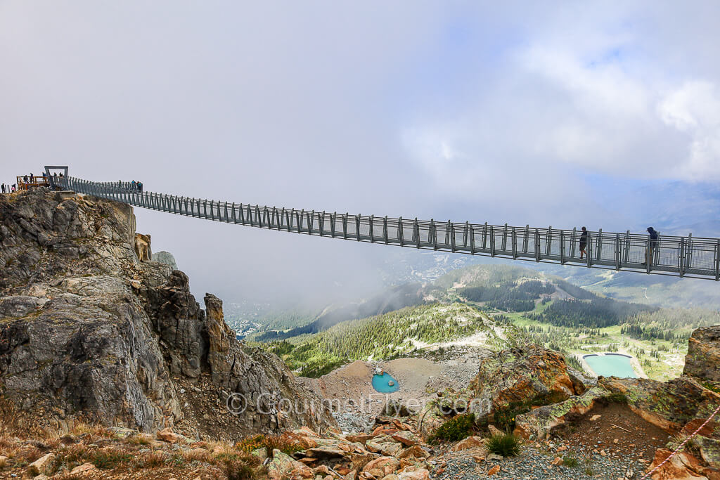 A few travelers are walking across a suspension bridge on a mostly cloudy day.