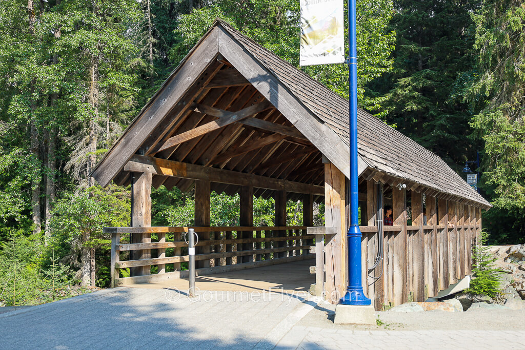 A bridge is covered by a wooden hut shaped structure.