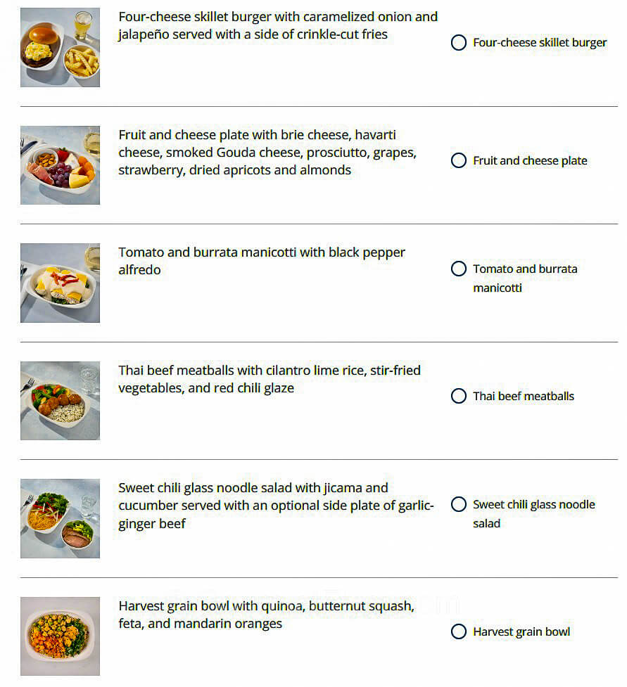 An online version of United Airlines' domestic first-class lunch and dinner menu with 6 options for selection. Each menu item has pictures followed by a description.