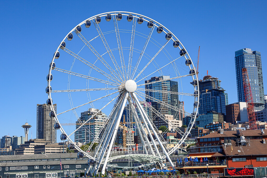 A large Ferris wheel is seen from the water with the skyline of Seattle in the background.