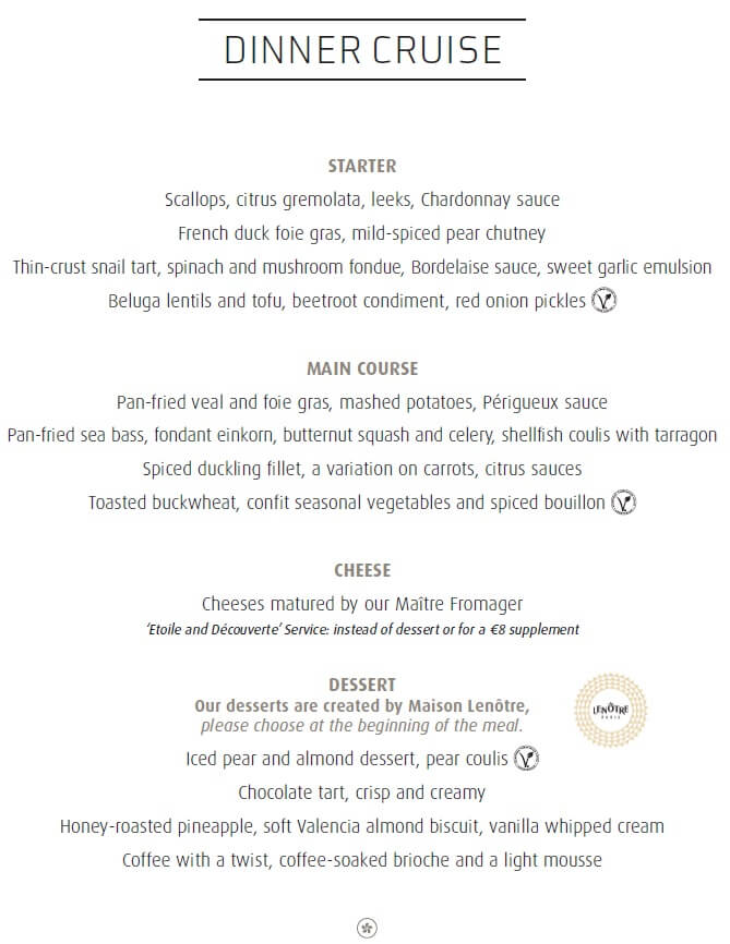 A black and white dinner menu displaying options for appetizer, main course, cheese, and dessert.