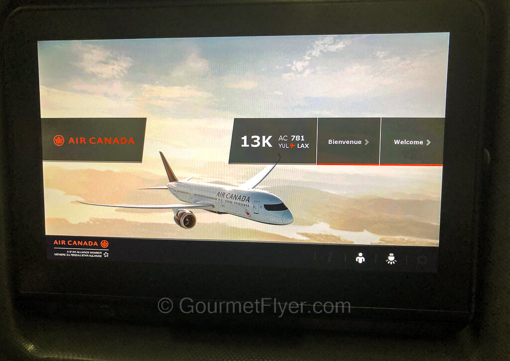 A TV screen displayed an Air Canada aircraft and the seat number, 13K.