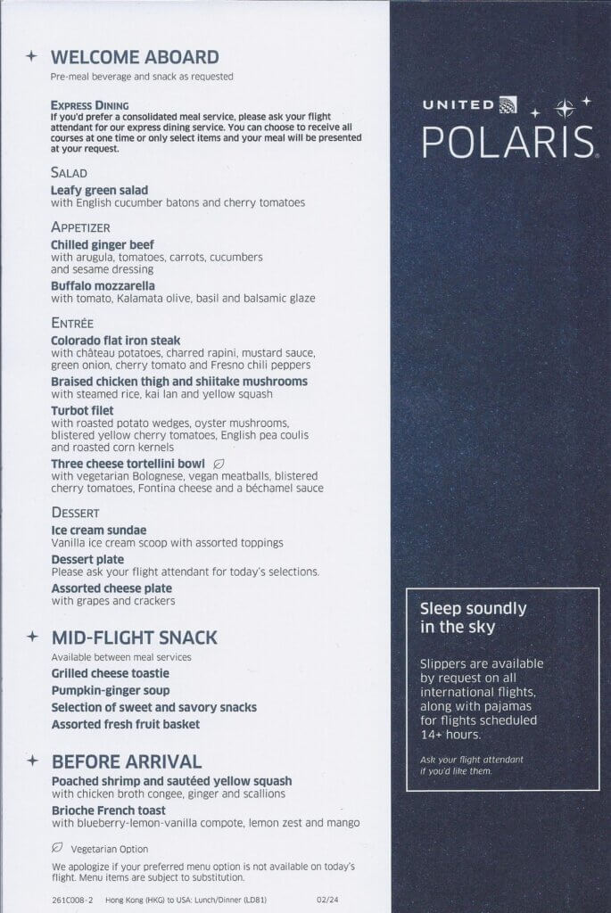 Side one of the menus shows the choices for the dinner, mid-flight snack, and pre-arrival meal.
