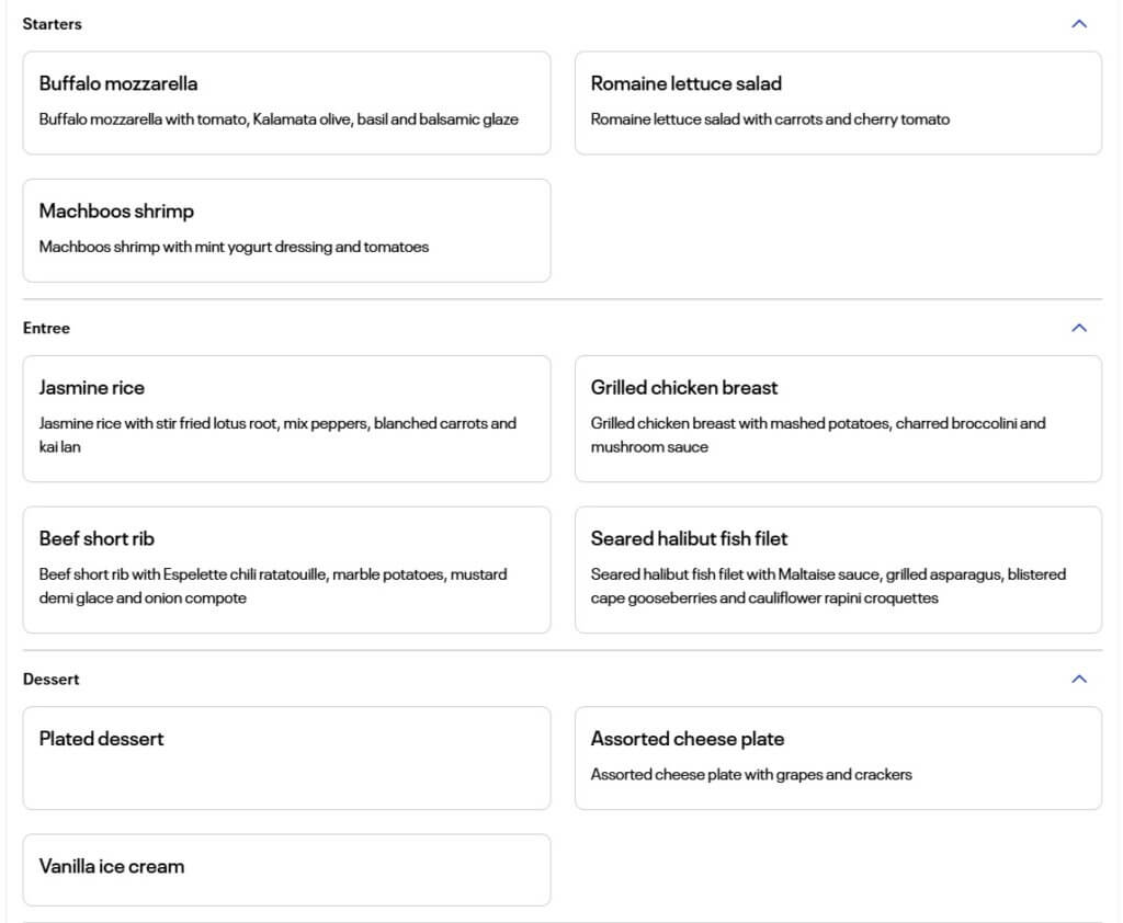 Screenshot of an online menu showing the selections for starters, main course, and dessert.