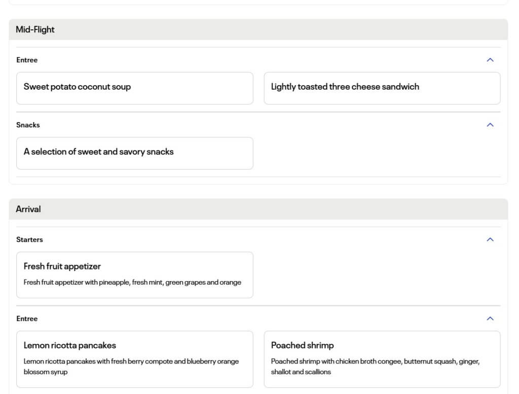 A screenshot of a menu showing selections for mid-flight snack and pre-arrival meal.