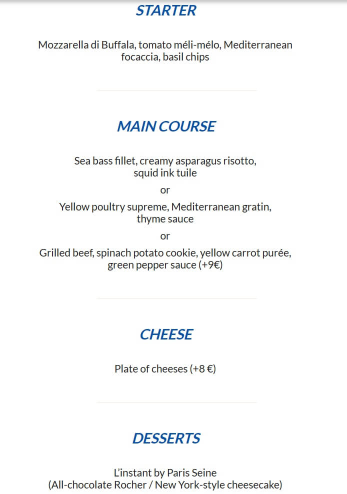 A one-page dinner menu listing the choices for starter, main course, cheeses at an additional charge, and dessert.
