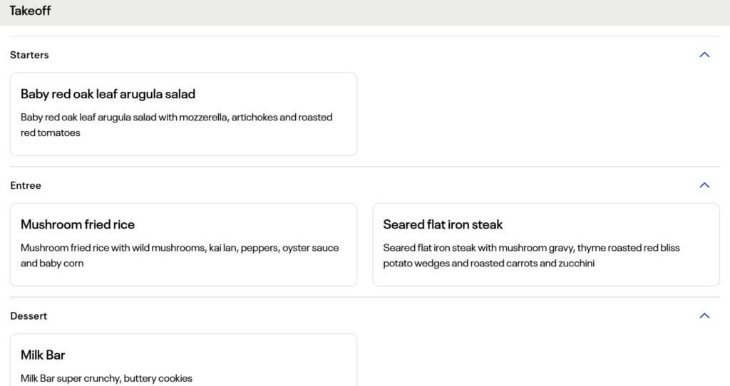 Screenshot of a dinner menu showing choices of salad, entrees, and dessert.