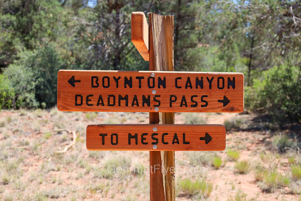 A wooden road sign is erected at a crossroad with arrows pointing to the left and right.
