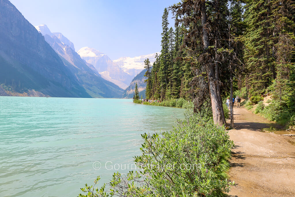 A trail lines the shore of a lake with turquoise water and icy mountains in the background.