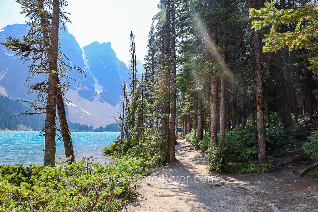 A narrow path cuts through Alpine trees along the shore of a lake with pristine blue waters.