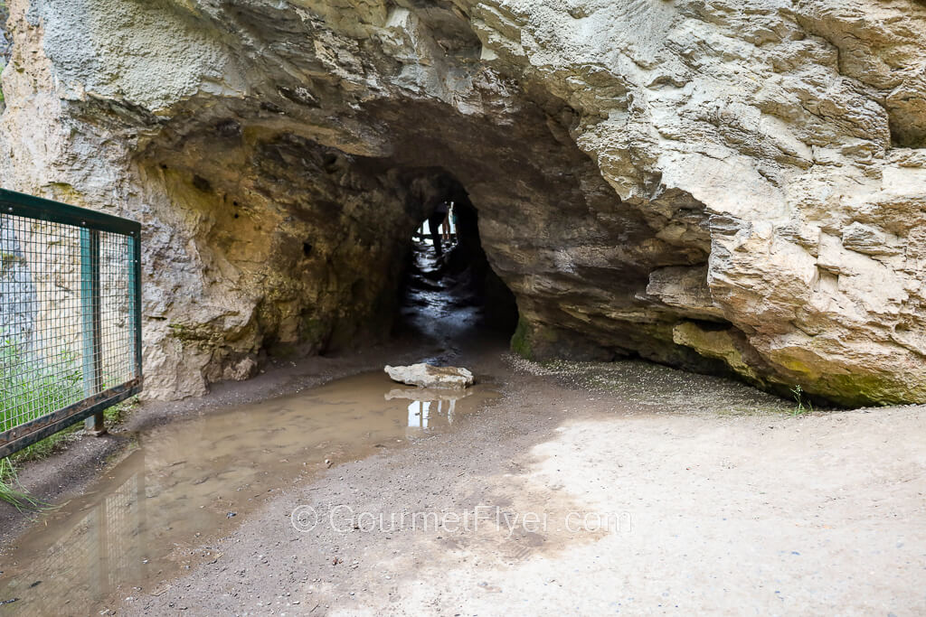 The opening to a small cave shows a dark and narrow path inside.