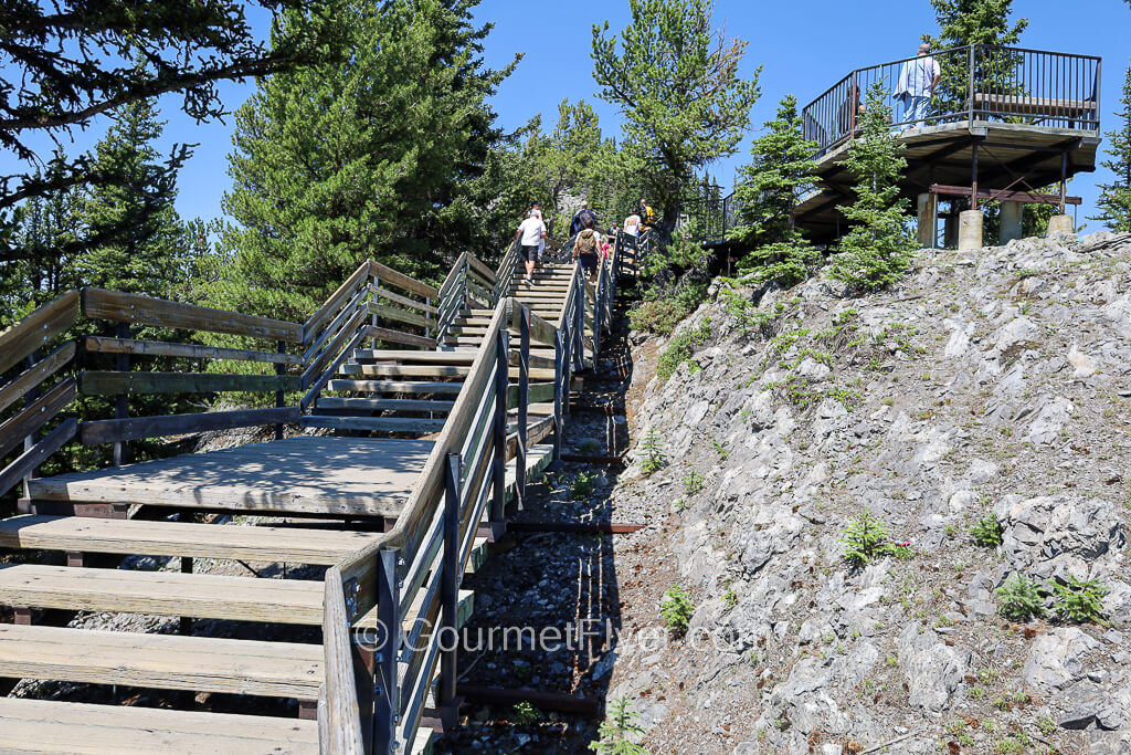 Tourists walk up a long series of wooden staircases.