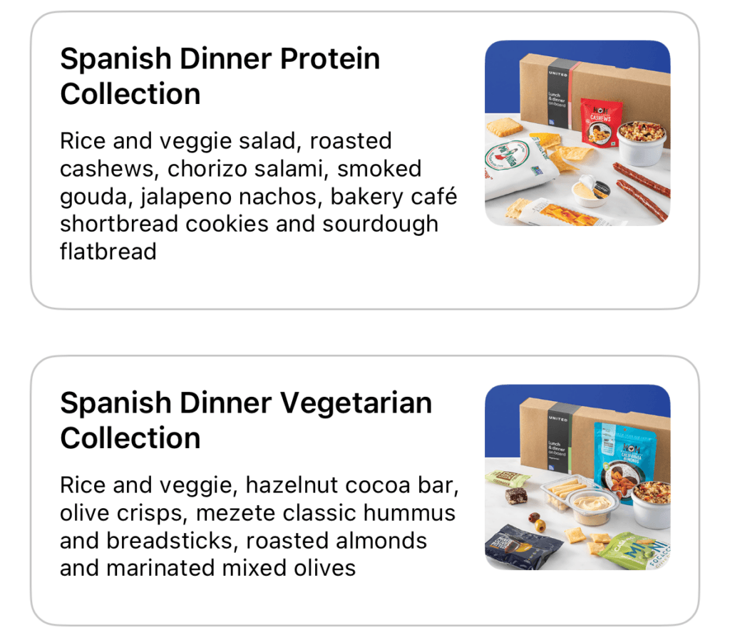 Two menus are placed together displaying the contents of two different snackboxes.