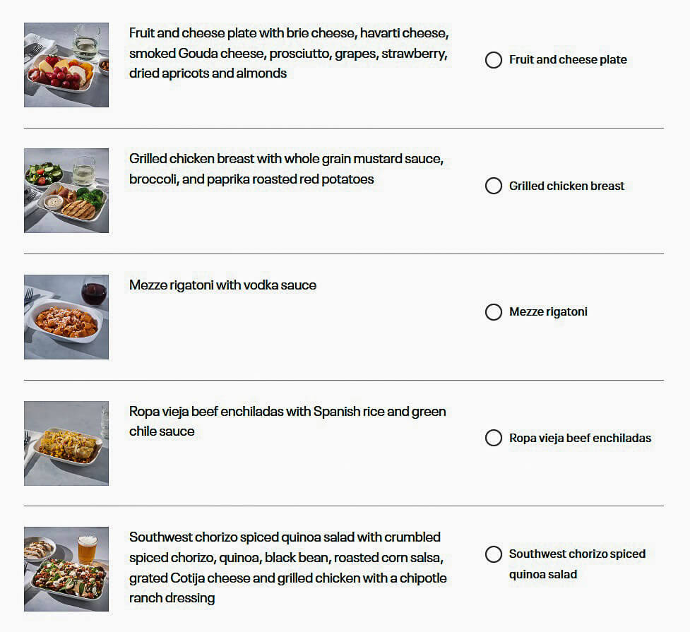 A screenshot of a online list of dinner choices with small pictures of the food and a brief description.