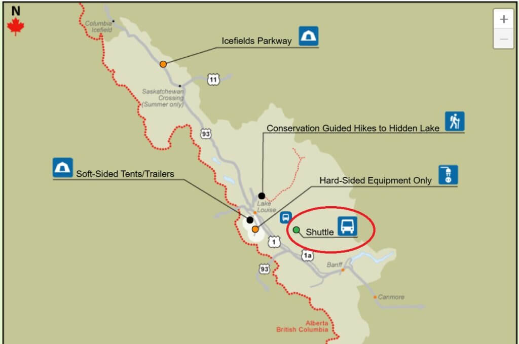 A screenshot of a map of the Banff area with camping and shuttle options.