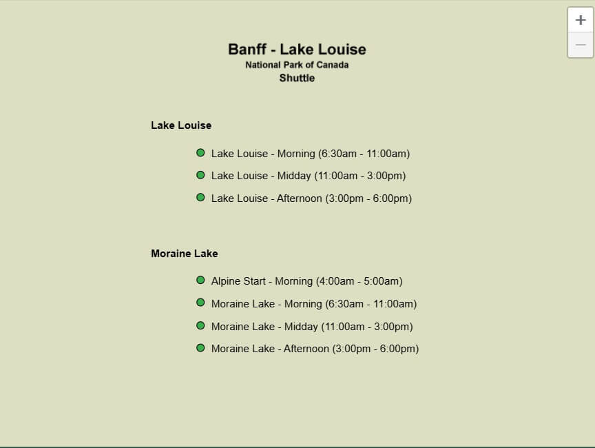 A screen showing selections of departure times and destinations for a shuttle.