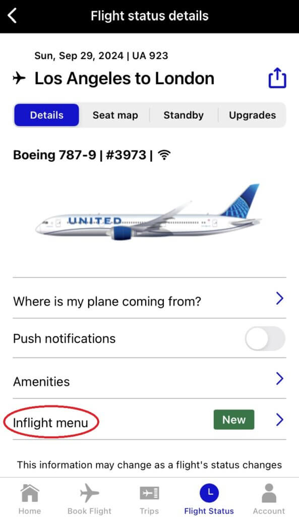 A screenshot of a smart phone's screen showing a United flight status page with the menu link in a red circle.