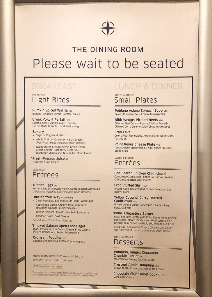 A posted menu listing breakfast options on the left and lunch/dinner options on the right.