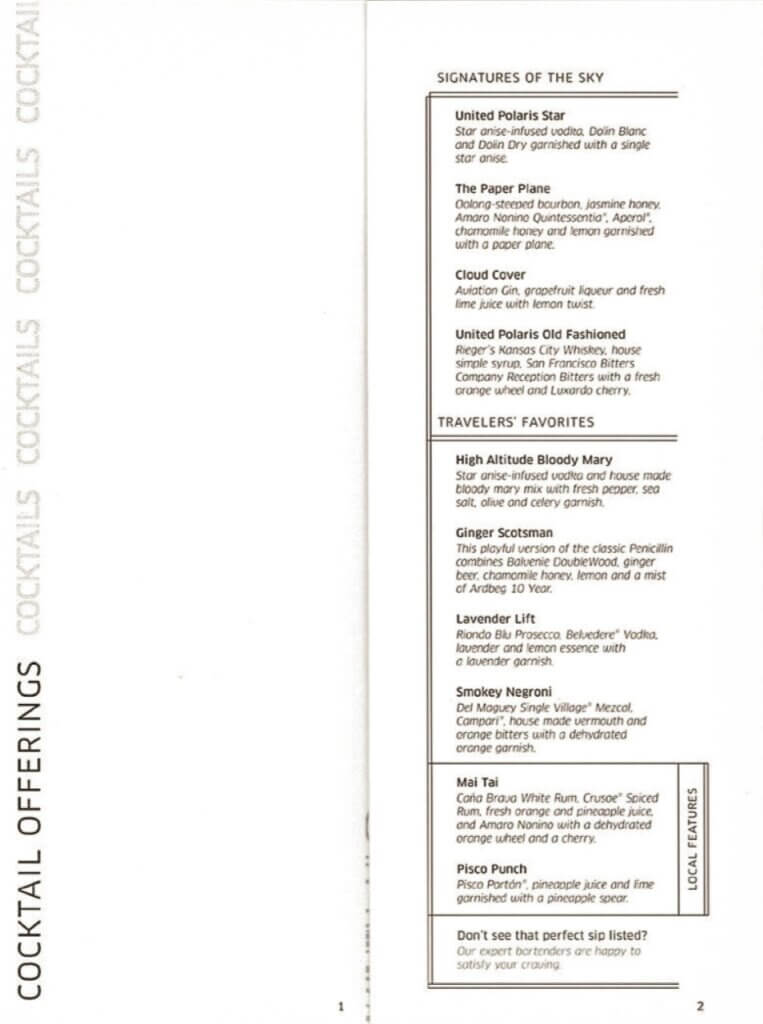 A printed drink menu displays the selections of cocktails in a long column.